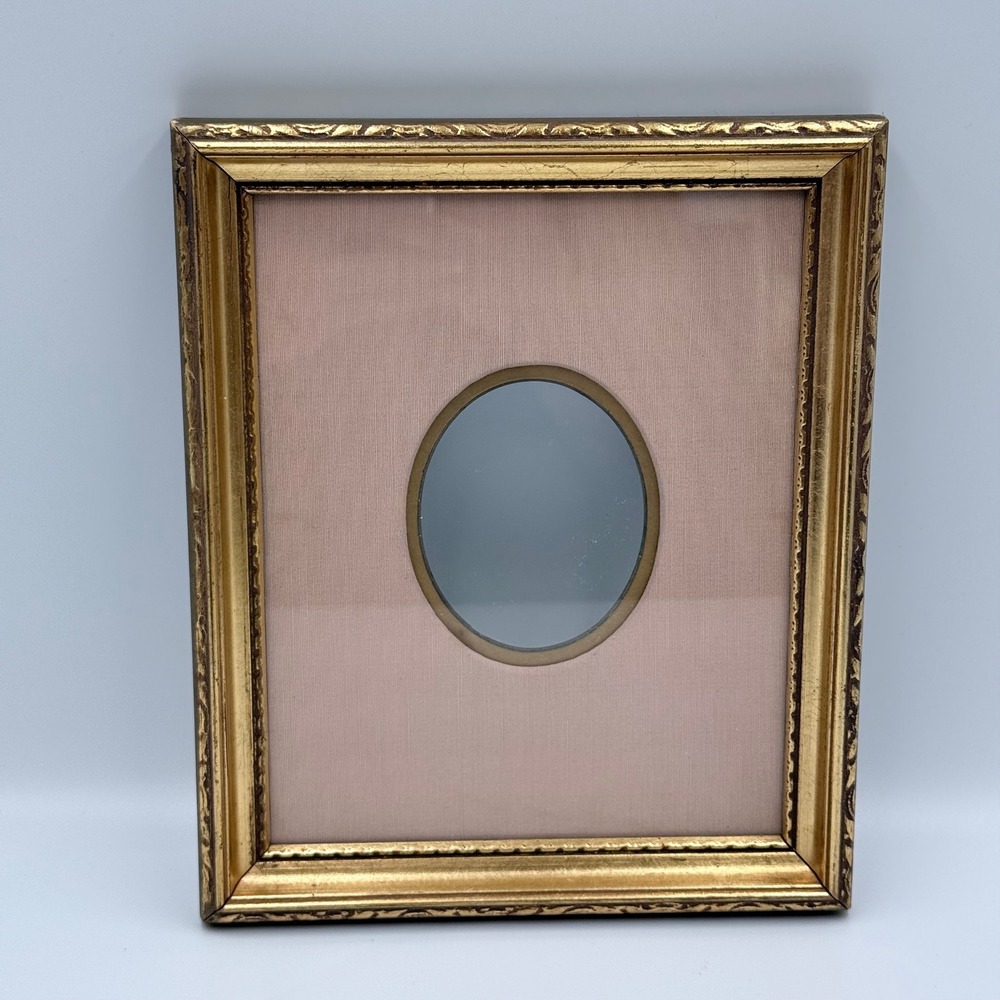 Vintage Ornate Gold Picture Frame Pink Fabric Oval Mat 7.5x8.5 Wall Decor